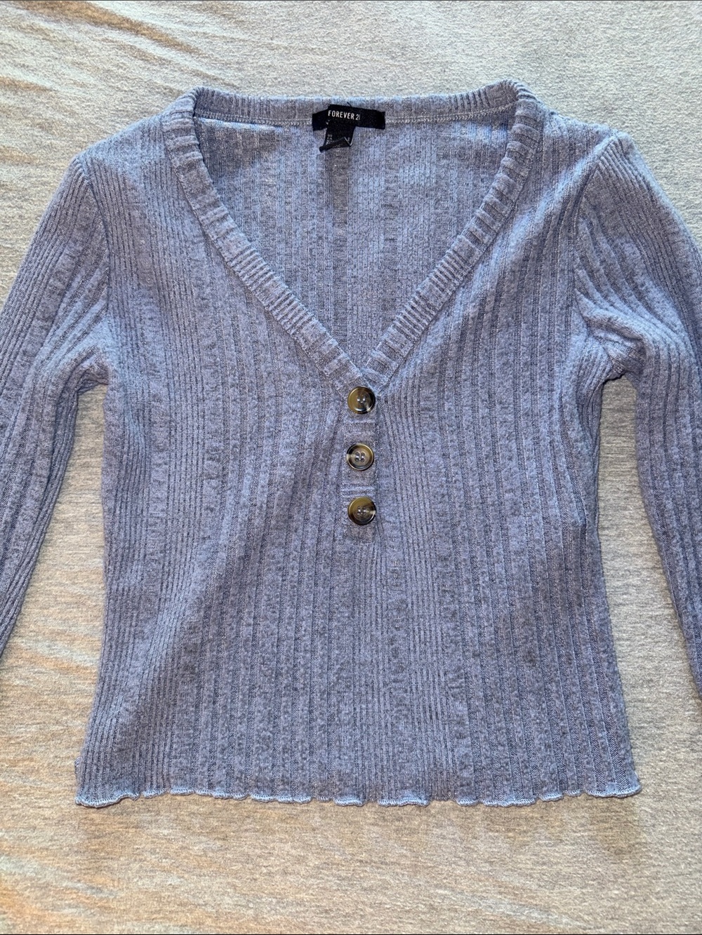 Forever 21 Ribbed Knit Cropped Button Front Long Sleeve Top Blue Small